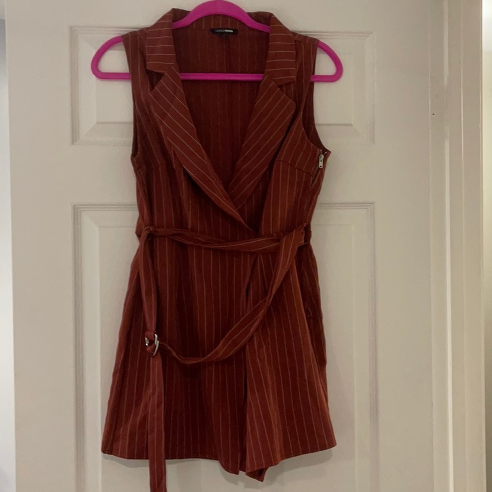 Rust colored pinstripe Romper with belt